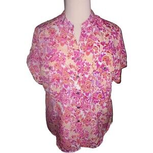 NWT LAURA SCOTT Womens 20/22W Floral Cottagecore Short Sleeve Button Shirt Pink